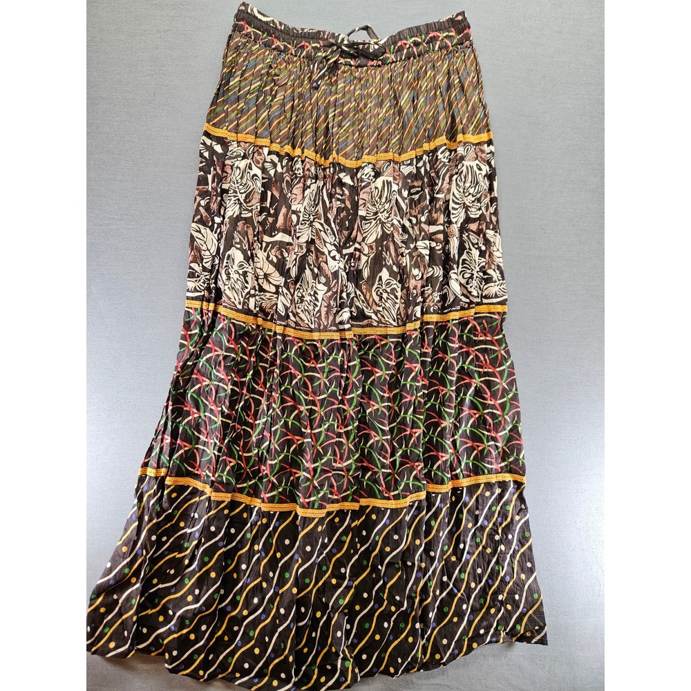 Daksh Boho Tiered Maxi Skirt Multi Pattern Floral Polka Dot Crinkle Cotton L/XL
